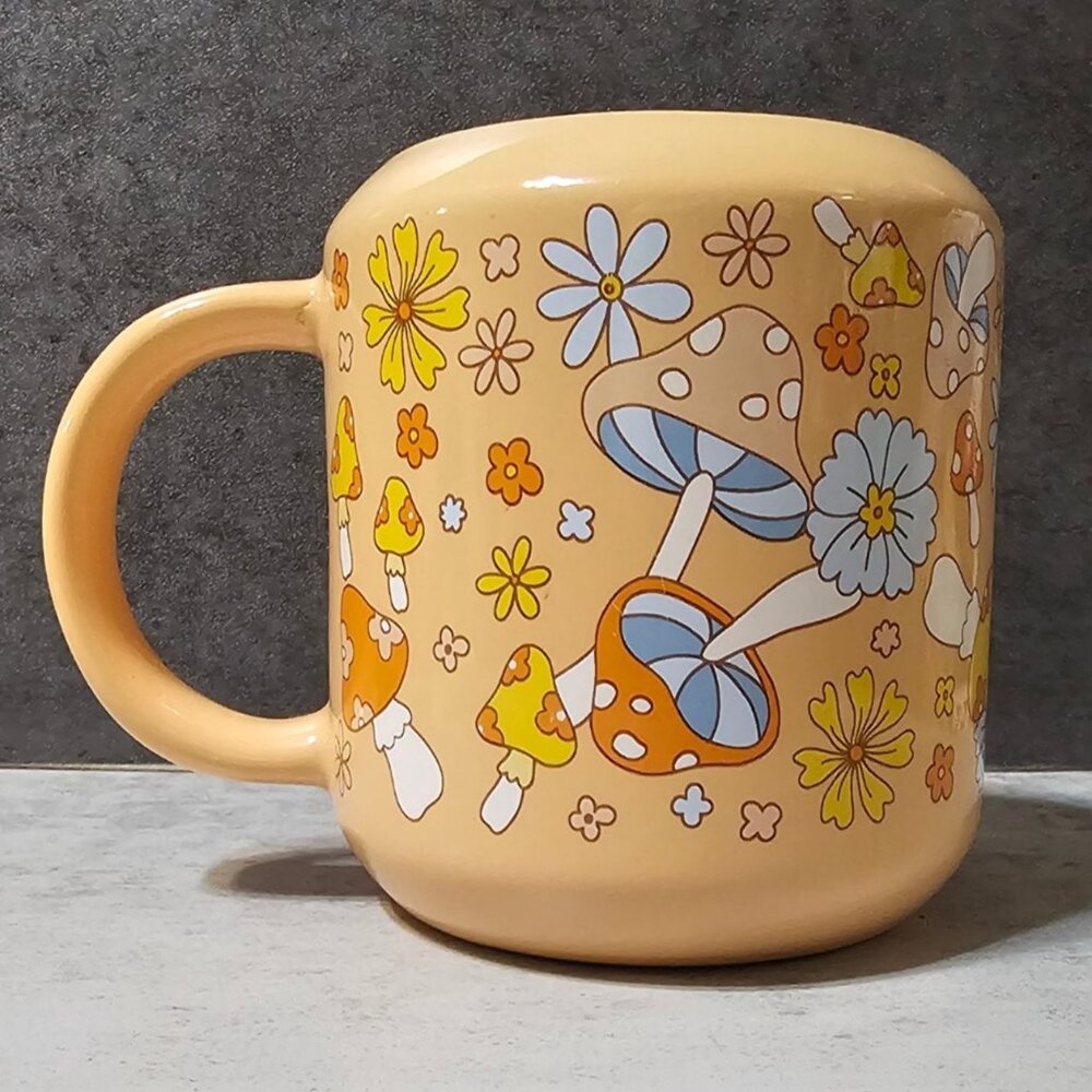 70's Design Mushroom Mug With Whimsical Mushrooms And Groovy Florals